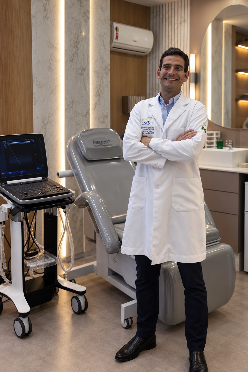 Dr. Rodrigo Petros ao lado do aparelho de ultrassom